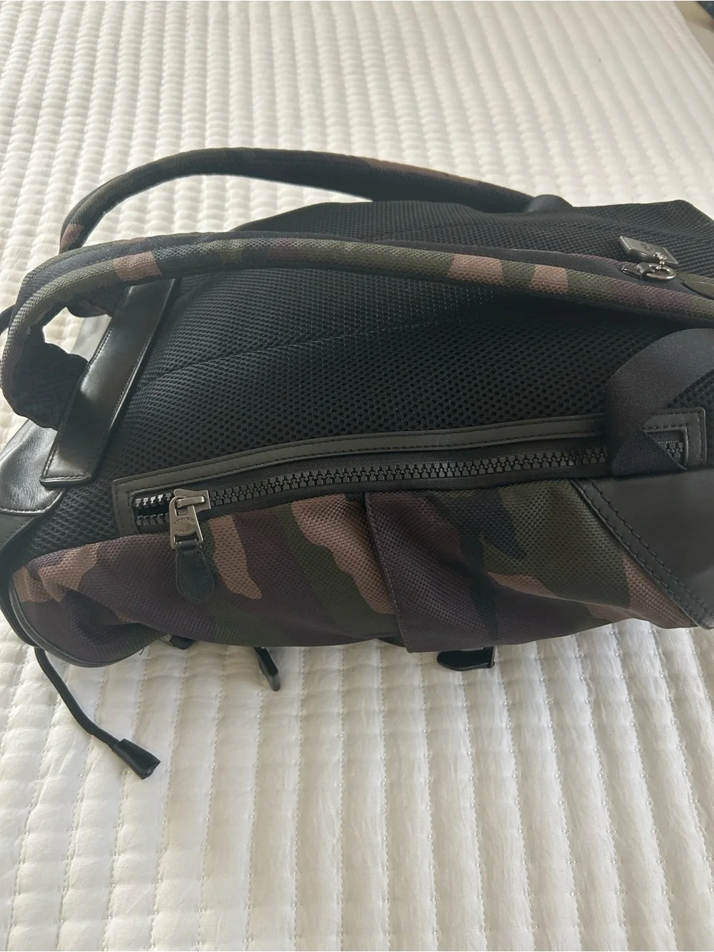 Coach Camouflage Drawstring Backpack w/ leather accents Black, Brown, Green